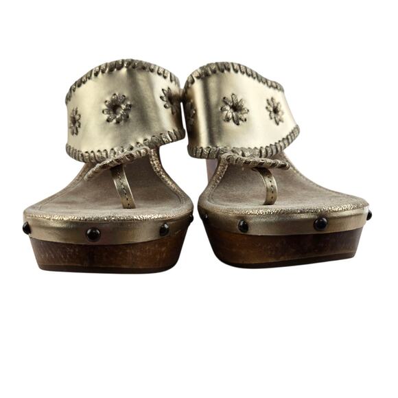Jack Rogers Marbella Sandals 11 Gold Leather Thong High Wedge Heel Wood Studded - Picture 4 of 10